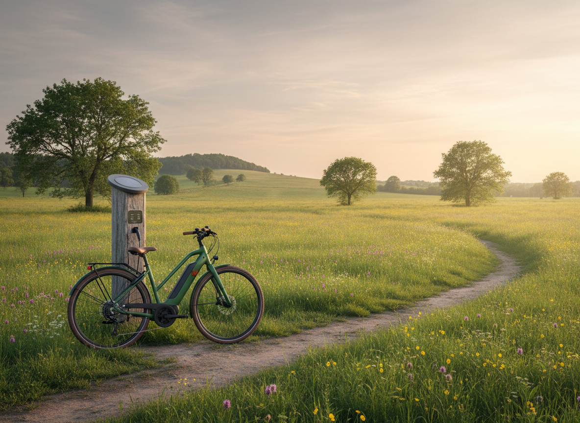 Un vélo électrique branché à une borne de recharge, en extérieur dans un cadre champêtre et verdoyant, lumière naturelle douce