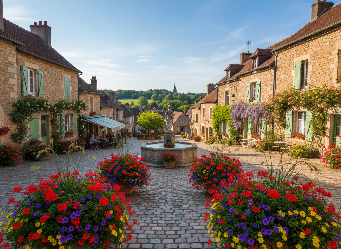 Place fleurie d'un village historique de Haute-Marne