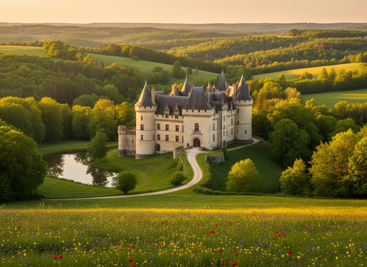 Château médiéval dans le paysage verdoyant de la Haute-Marne