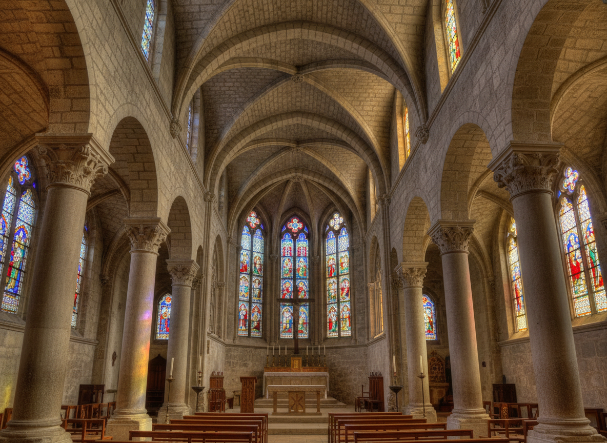 Intérieur lumineux d'une église romane avec vitraux