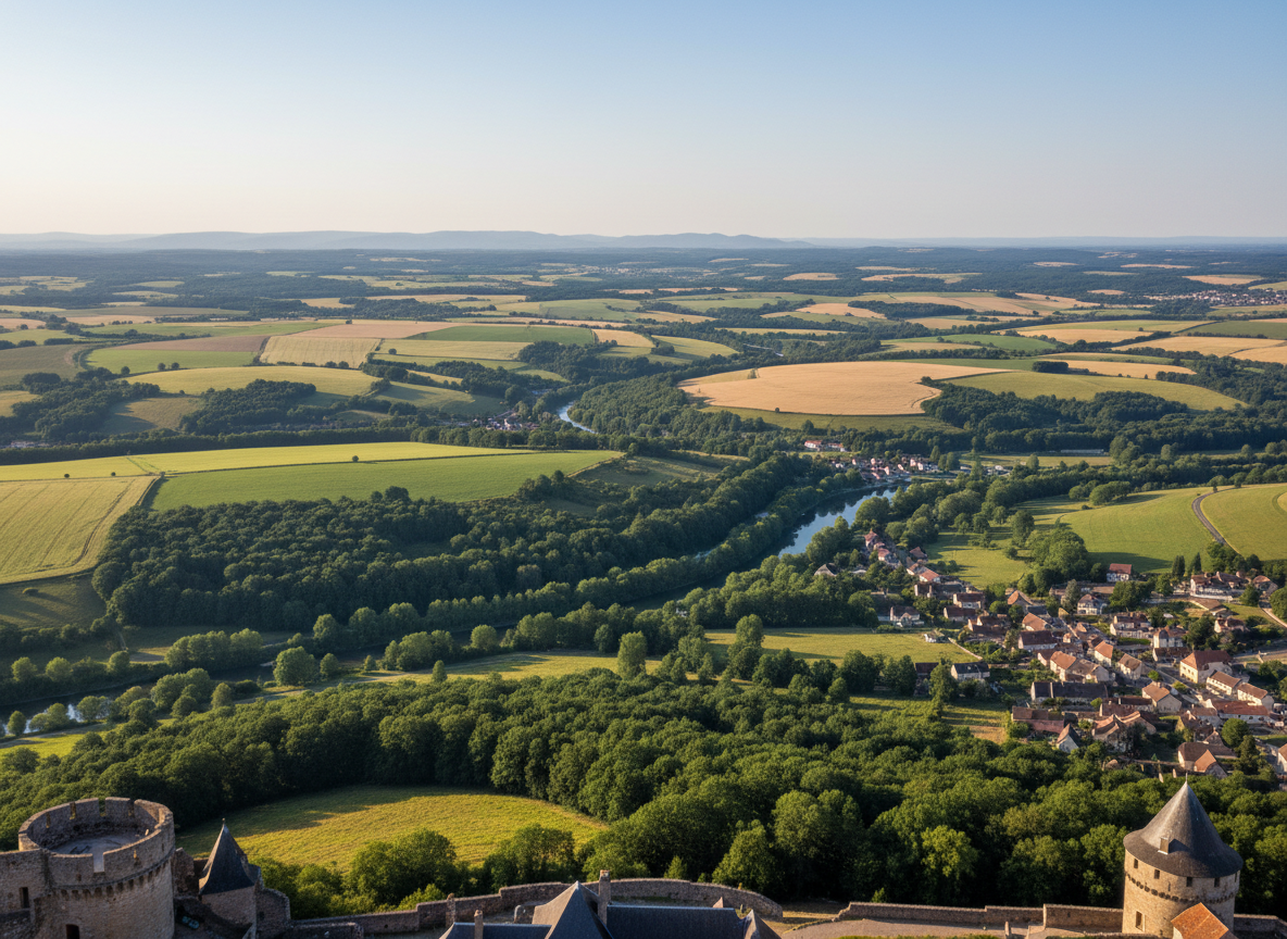 Photographie réaliste illustrant le titre « Panoramas d’exception et campagne environnante » : panorama depuis les hauteurs de Langres sur les vallons, forêts et paysages de Haute-Marne, lumière naturelle, sans texte ni logo.