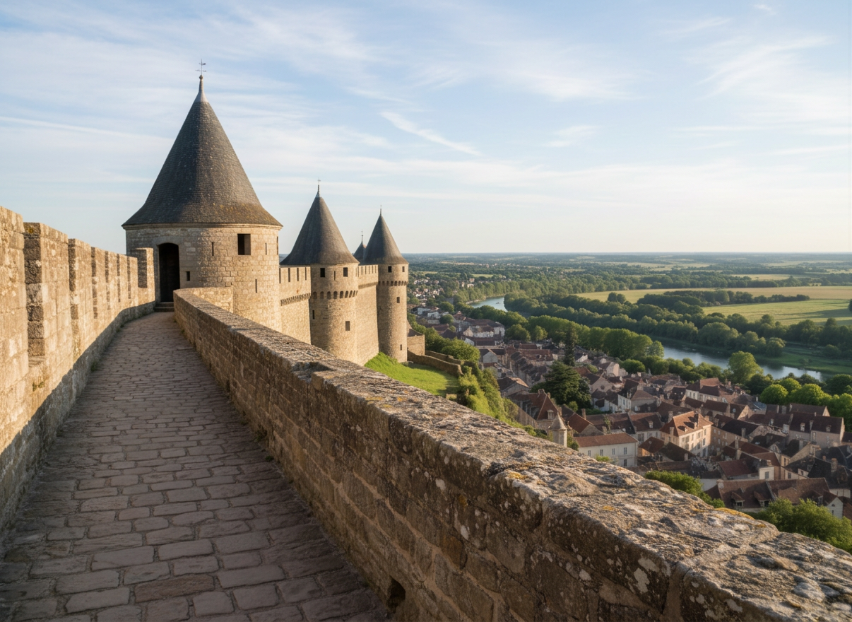 Remparts médiévaux de Langres Photographie réaliste illustrant le titre « Les remparts médiévaux : une promenade avec vue » : chemin de ronde sur les remparts de Langres, murailles en pierre, tours fortifiées et vaste panorama, lumière naturelle, sans texte ni logo.
