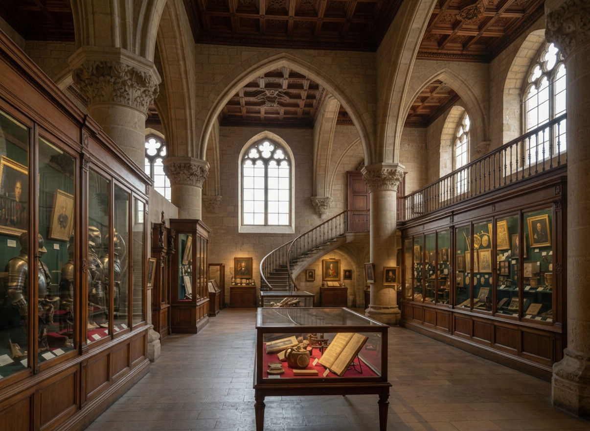 Musées de Langres Photographie réaliste illustrant le titre « Musées et patrimoine : une ville qui se visite en profondeur » : intérieur élégant d’un musée historique à Langres, objets patrimoniaux et architecture ancienne, lumière naturelle, sans texte ni logo.