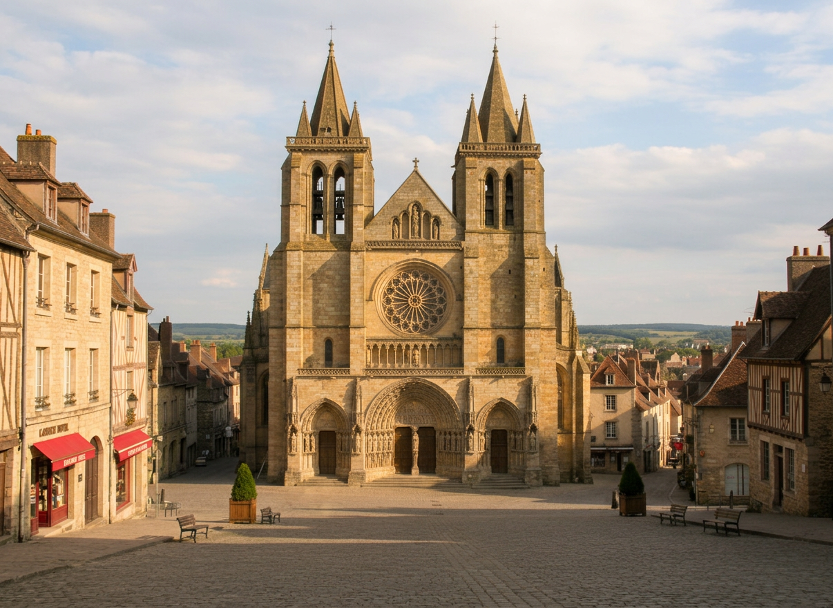 Cathédrale Saint-Mammès de Langres Photographie réaliste illustrant le titre « La cathédrale Saint-Mammès et le cœur historique » : façade de la cathédrale Saint-Mammès à Langres, architecture historique, place agréable, lumière naturelle, sans texte ni logo.