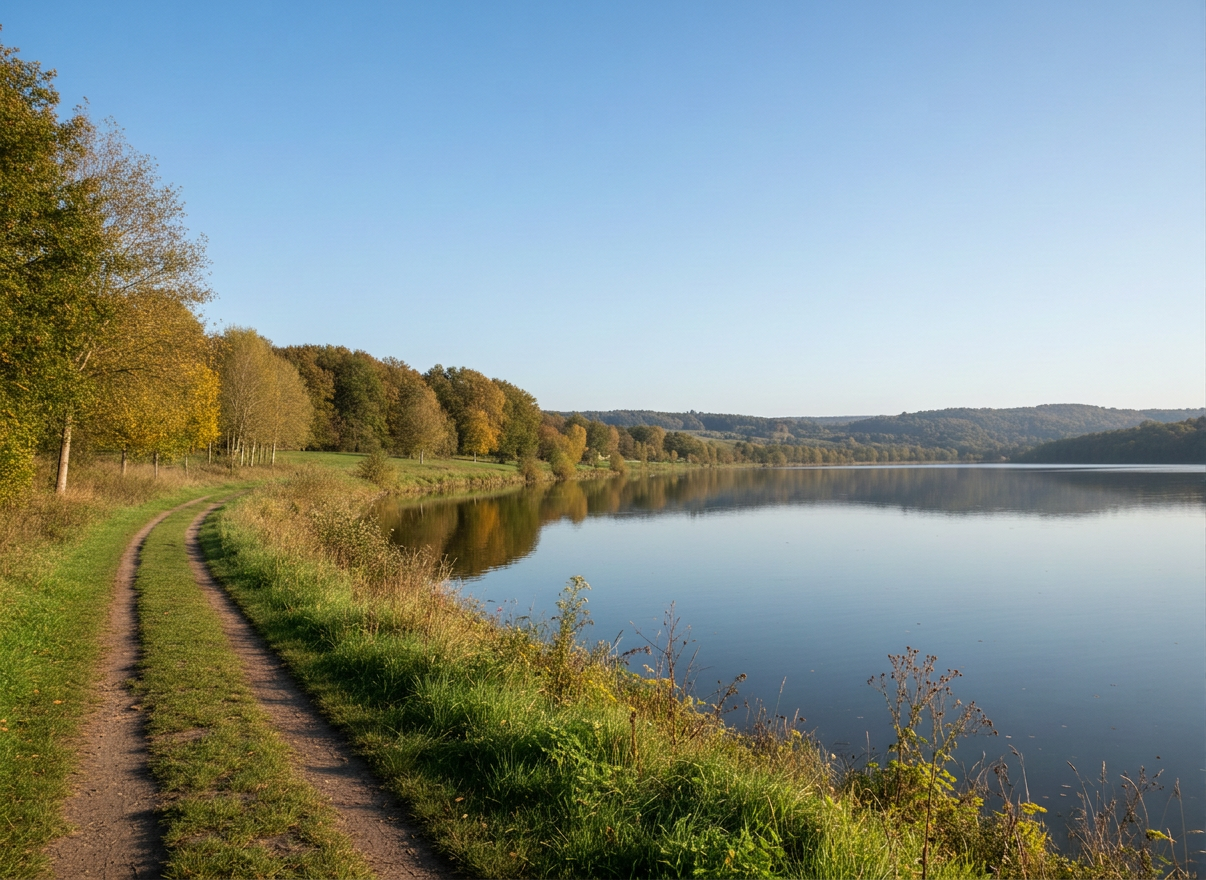 Lacs de Langres Photographie réaliste illustrant le titre « Prolonger votre balade vers un des quatre lacs de Langres » : lac de la Liez près de Langres, eau calme, rive naturelle, collines de Haute-Marne et ambiance de promenade, lumière naturelle, sans texte ni logo.