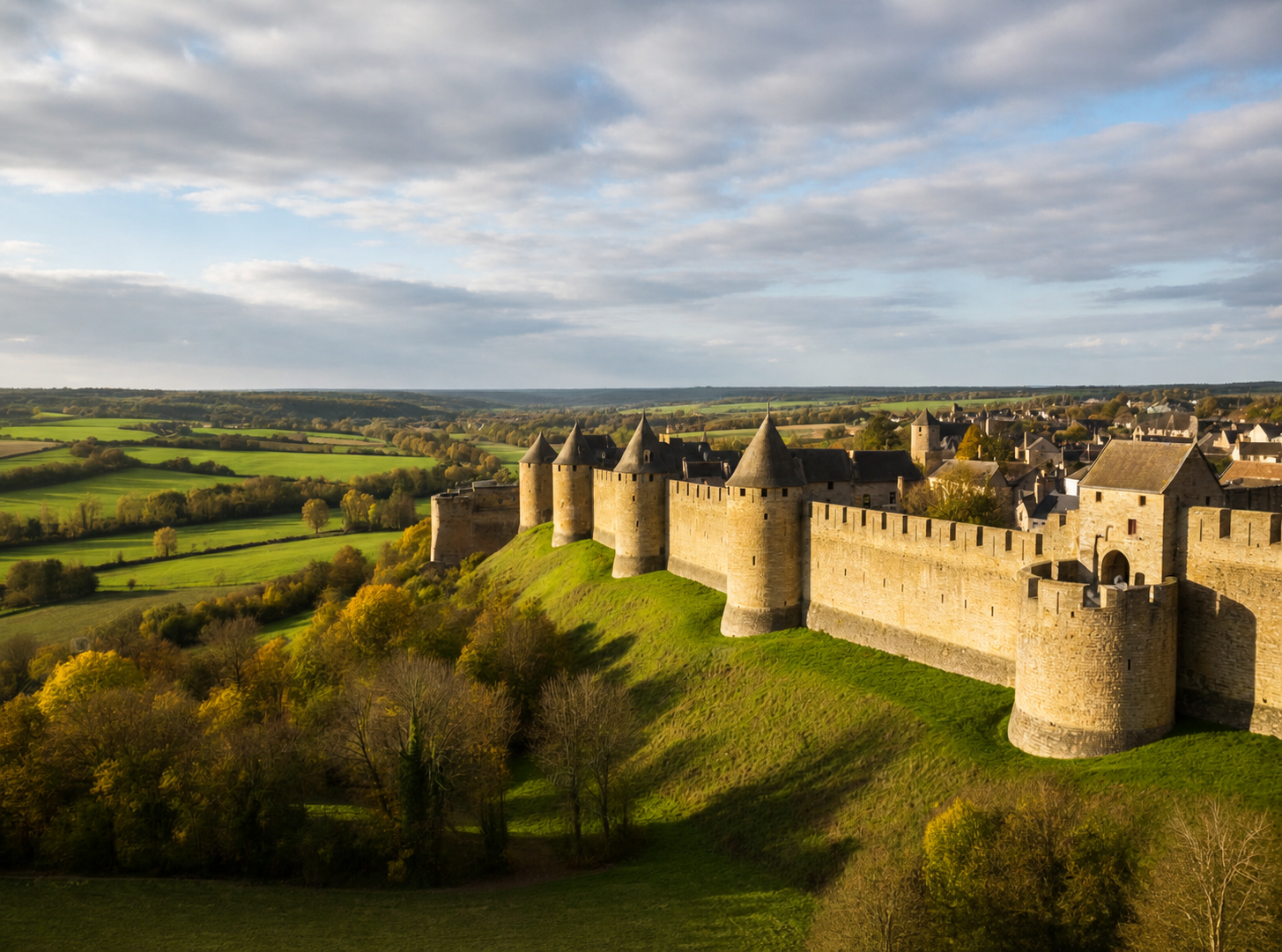 Langres cité fortifiée – vue publique Photographie réaliste et libre d’usage illustrant le titre « Langres, une cité fortifiée au caractère historique » : vue extérieure des remparts et des tours de Langres, paysage de Haute-Marne, lumière naturelle, composition panoramique, sans personnes reconnaissables, sans texte ni logo. Créer une image originale non dérivée d’une photographie existante.